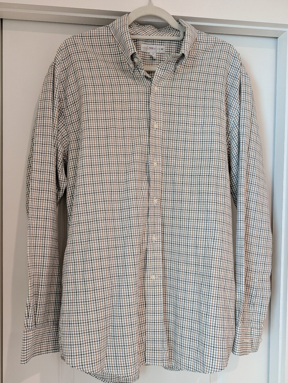 Cutter & Buck Men's White Button-Down Shirt with Navy and Brown Check